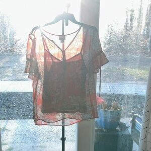 Sheer Floral Short-Sleeve Blouse - orange
